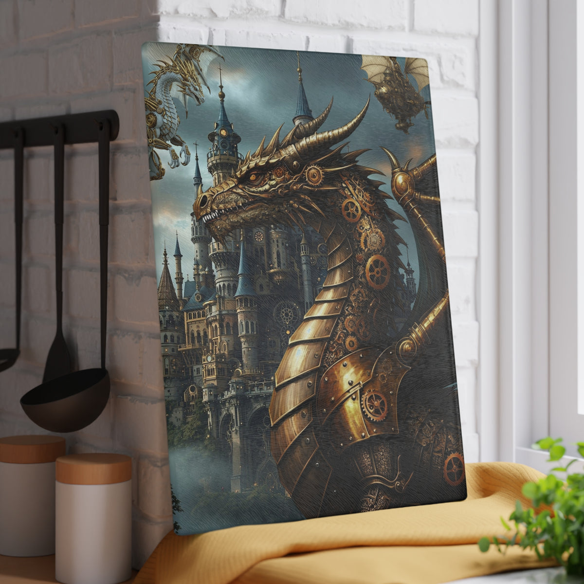 Glass Cutting Board (11"x15"):  Steampunk Dragons [Dragon Head Panel]