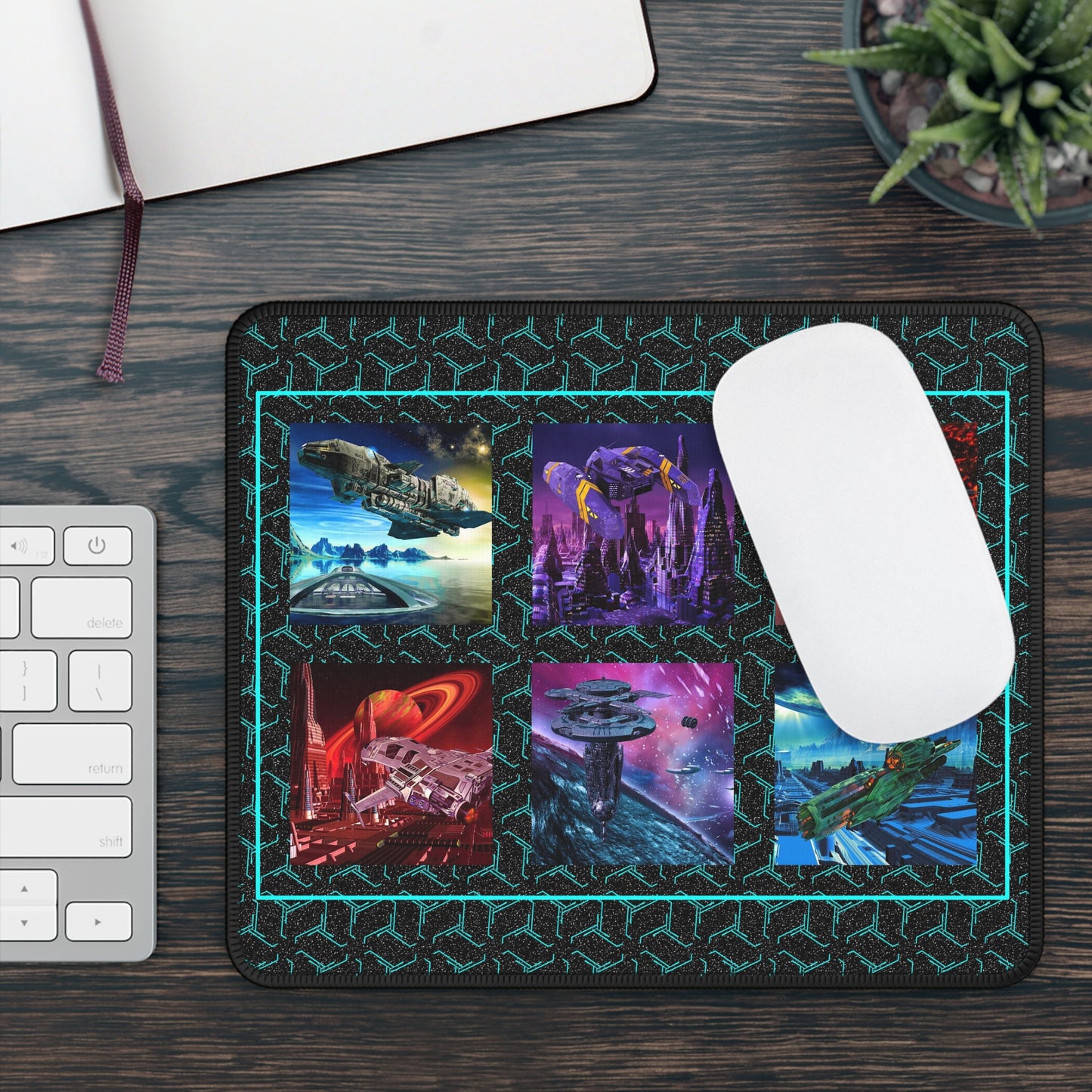 Mouse Pad-Gaming;  9x7 - "Sci-Fi" [Green Stars with Ships]