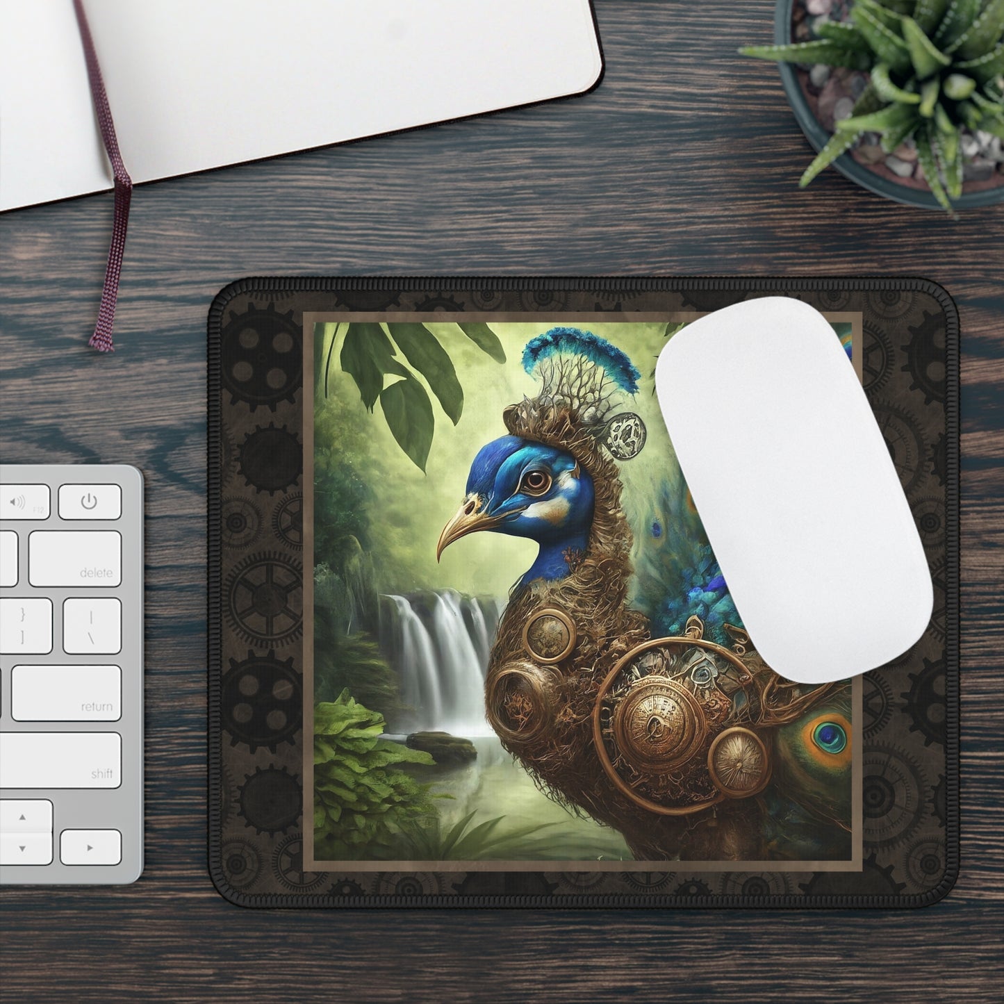 Steampunk Peacock Gaming Mouse Pad — Fantasy Nature Desk Mat