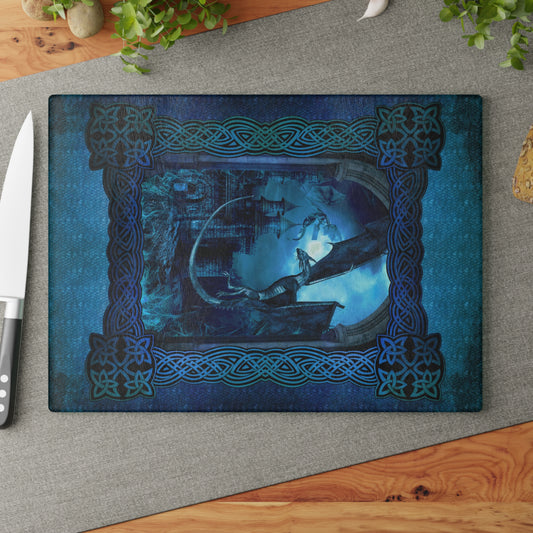 Glass Cutting Board (11"x15"): "Dragons" [Blue Panel]