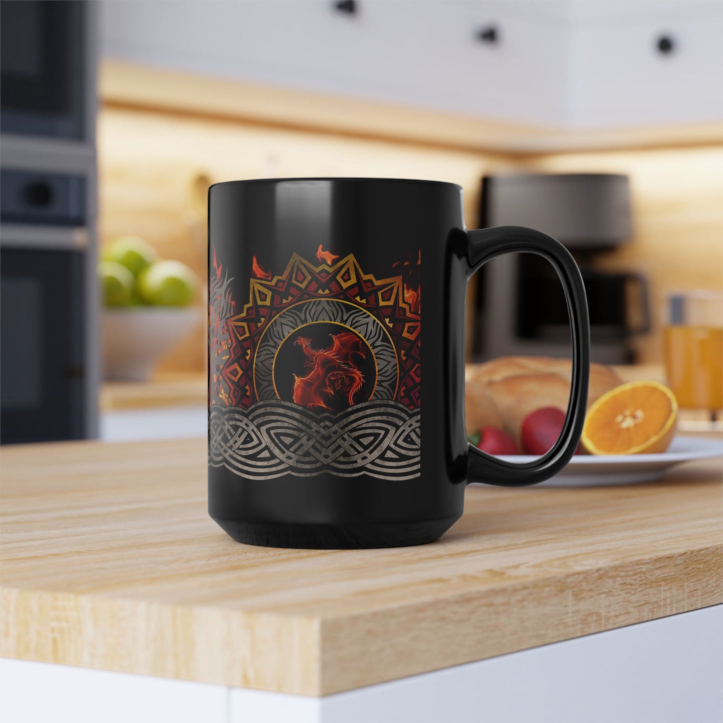 Black Mug-15oz:  "Red Dragons" Border