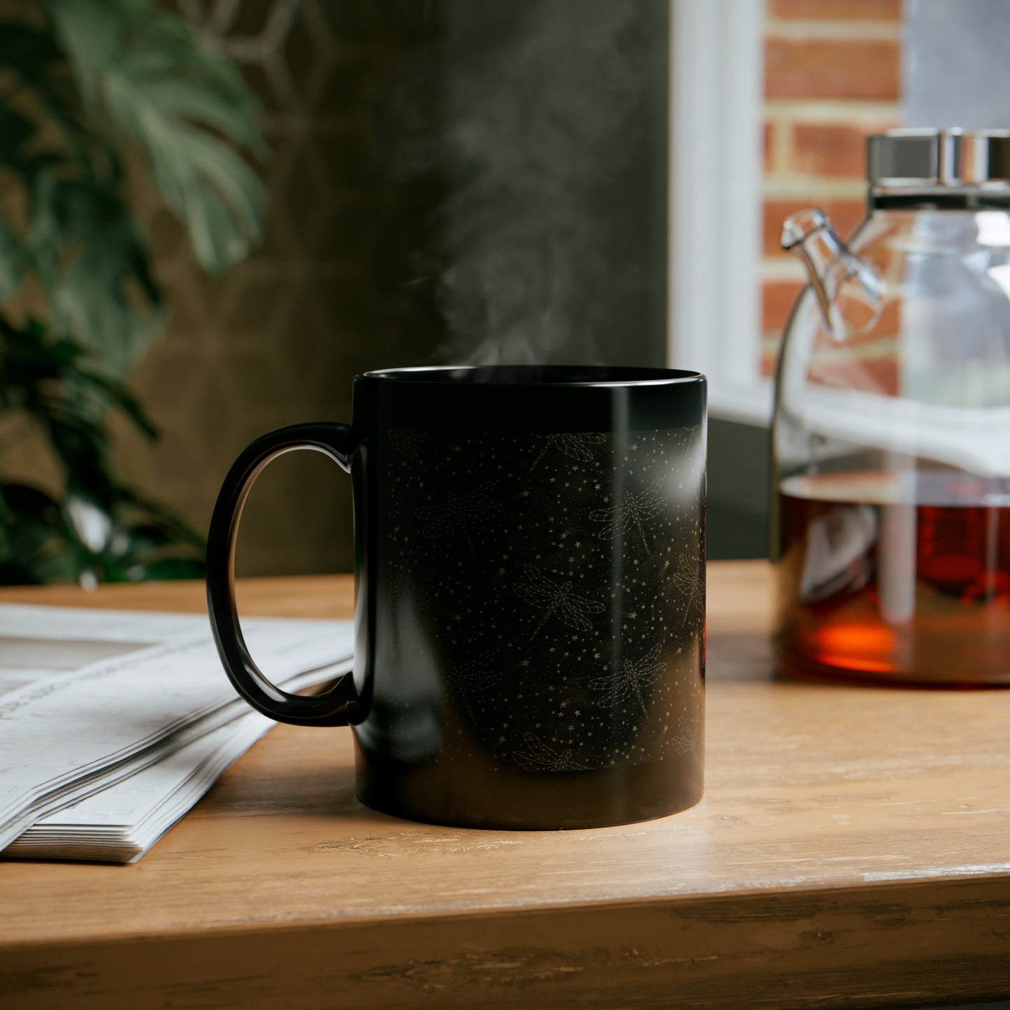 Ceramic Mug:&nbsp; Black;&nbsp; The Sun, The Moon, And The Stars [Dragonflies]