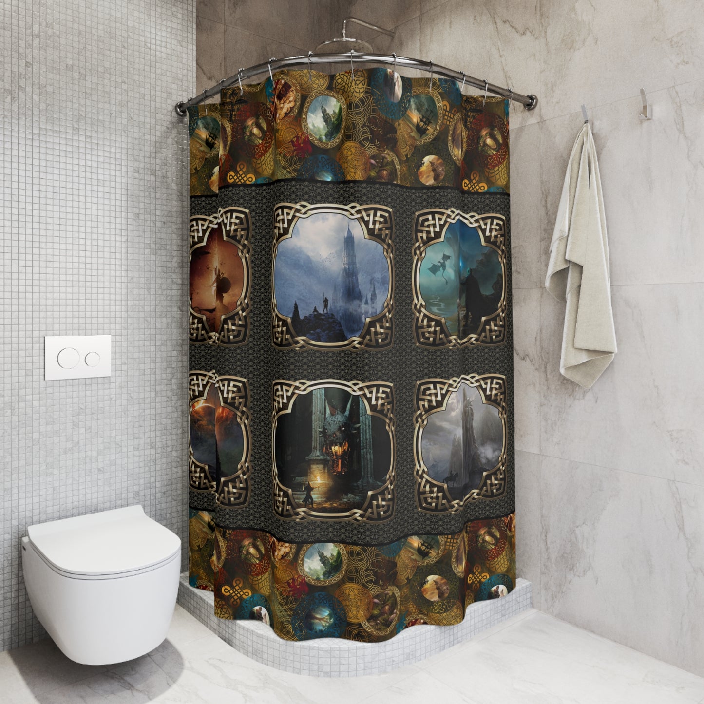 Fantasy Castle Grid Shower Curtain — Gothic Medieval Landscape Bath Decor