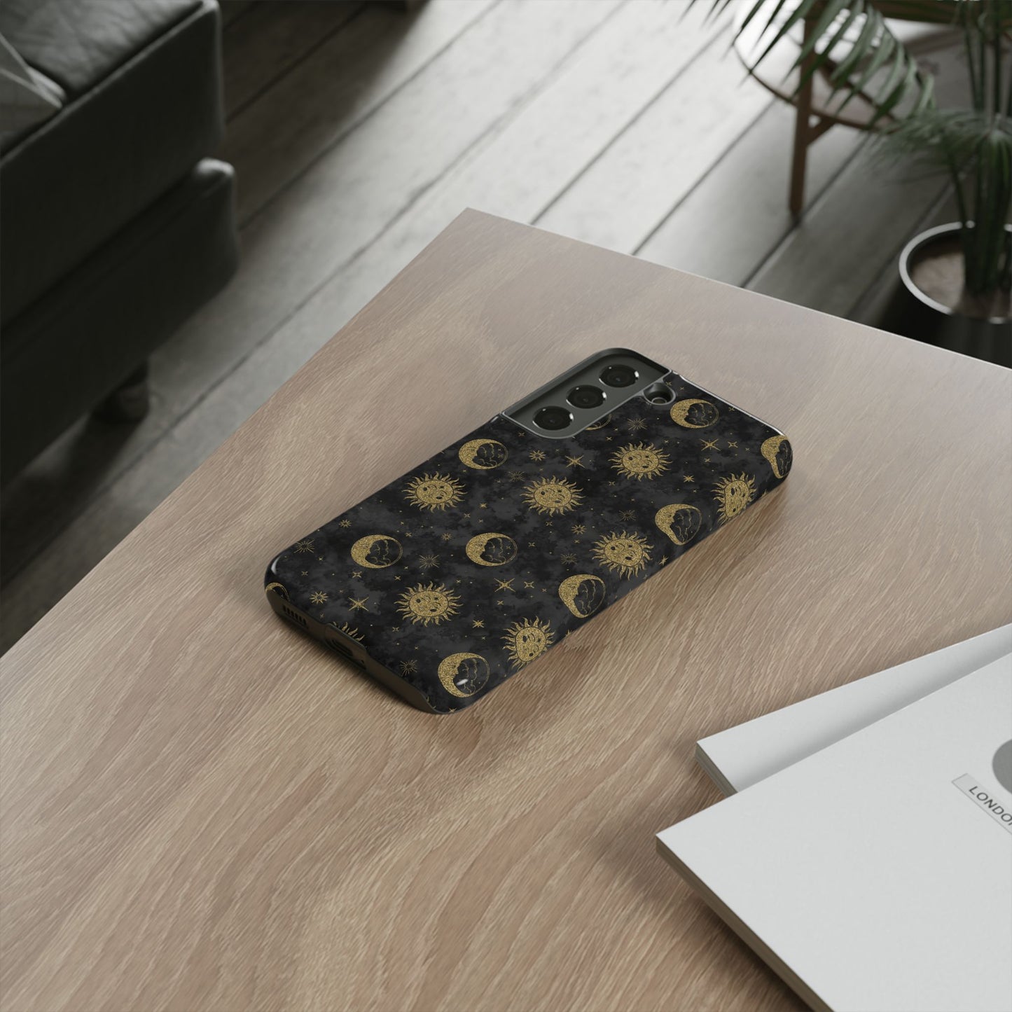 Samsung Galaxy S22 - Tough Case-Phone Case:  Sun, Moon, Stars [Gold Moon, Gold Suns]