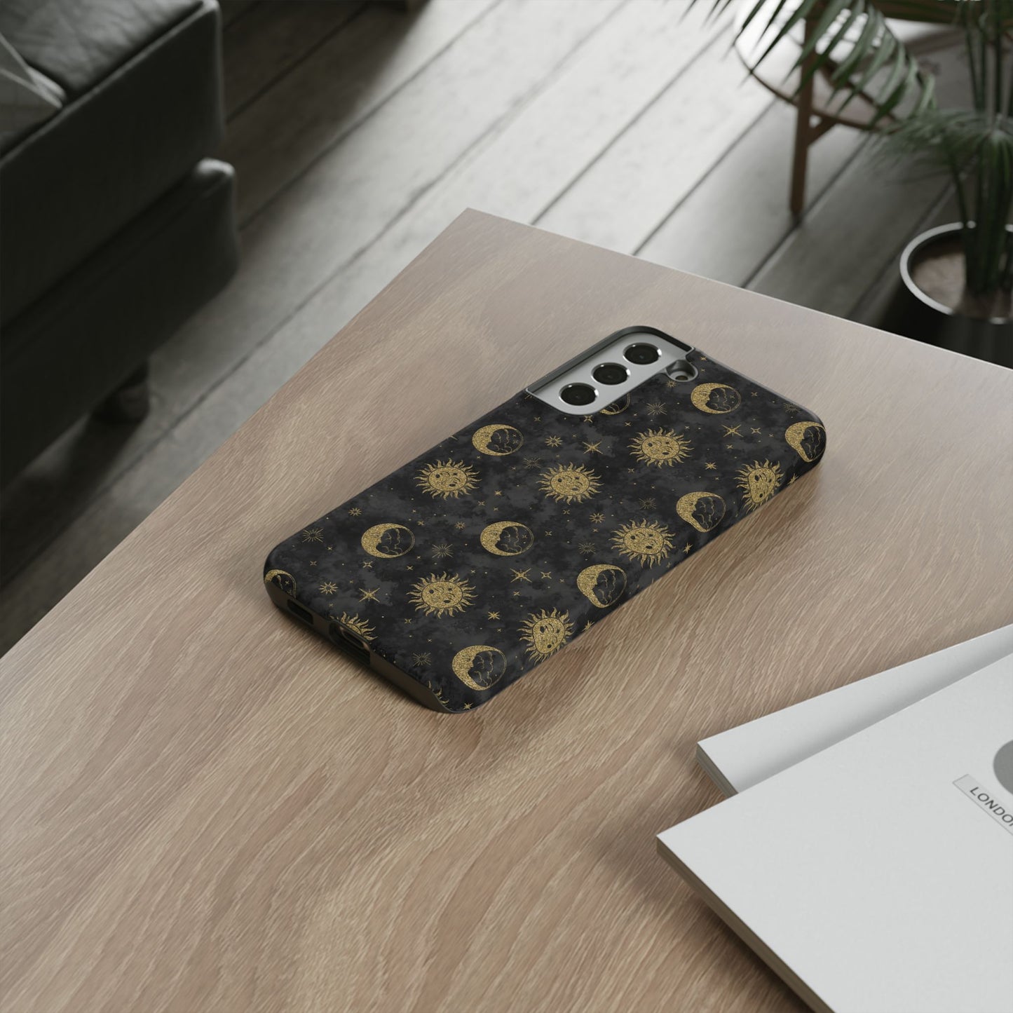 Samsung Galaxy S22 - Tough Case-Phone Case:  Sun, Moon, Stars [Gold Moon, Gold Suns]
