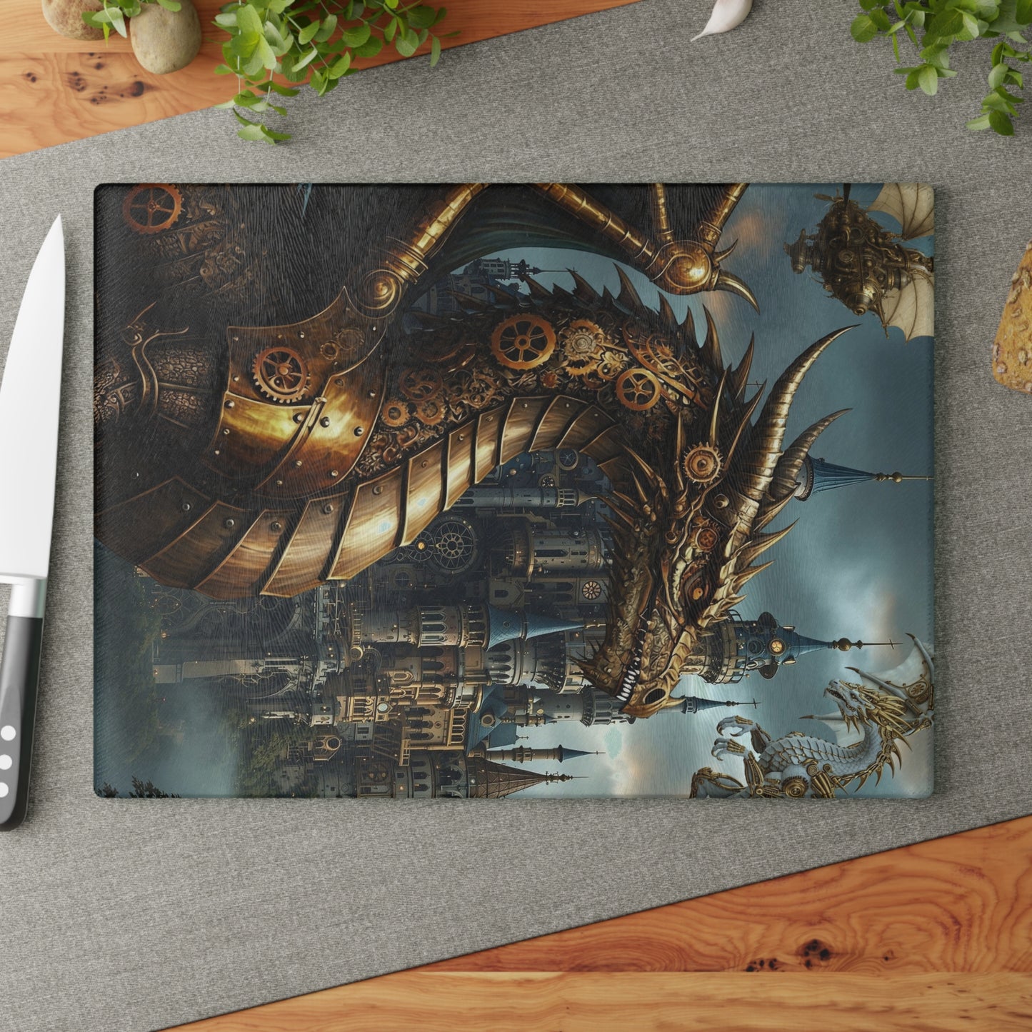 Glass Cutting Board (11"x15"):  Steampunk Dragons [Dragon Head Panel]