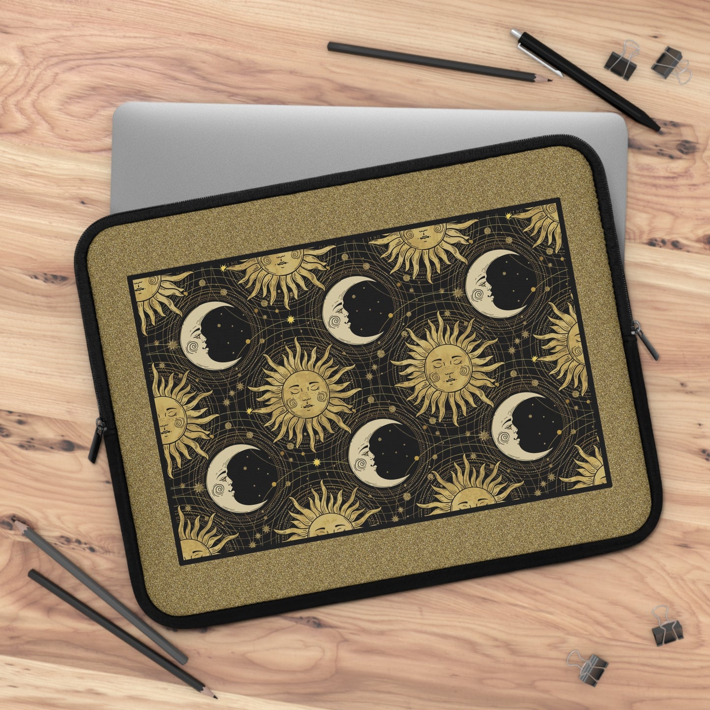 Laptop Sleeve  (Sizes:  13", 15", 17") [Sun, Moon, Stars]:  Gold Bkg, Black Sun and Moon.