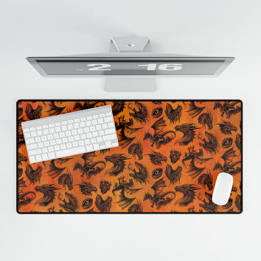 Desk Pad-Gaming;  15.5x31.5:  Emerald Dragons [Orange Dragons Silhouette]