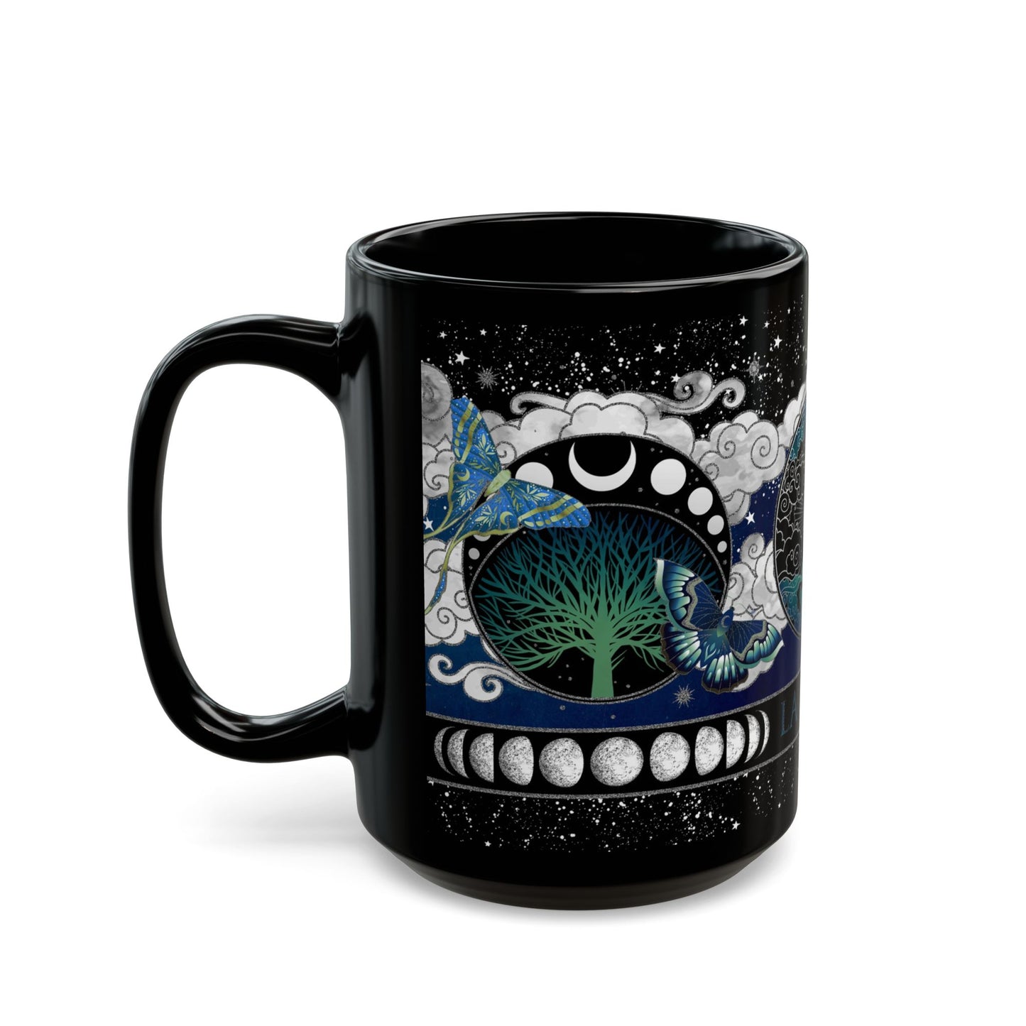 Black Mug-15oz:  "LA LUNA 2" Border