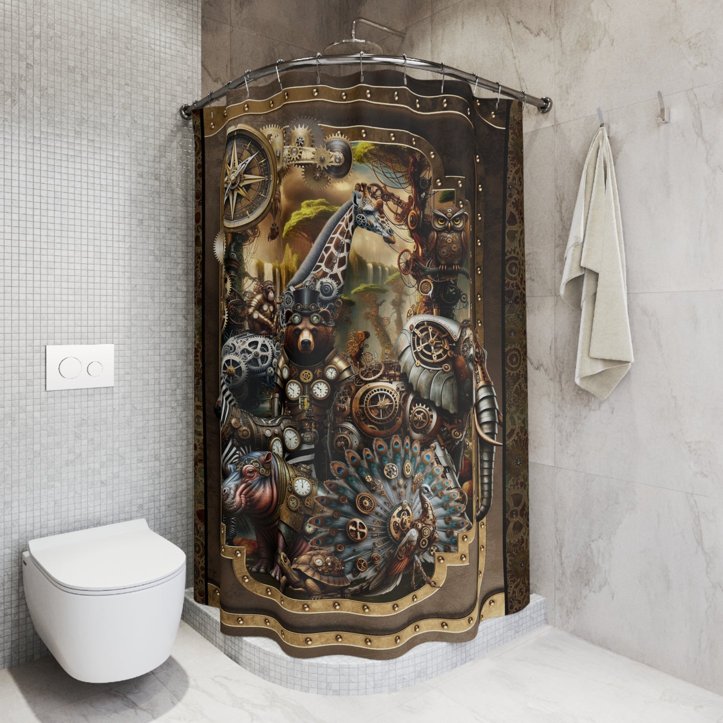 Steampunk Safari Shower Curtain — Giraffe, Bear & Owl Vintage Mechanical Design