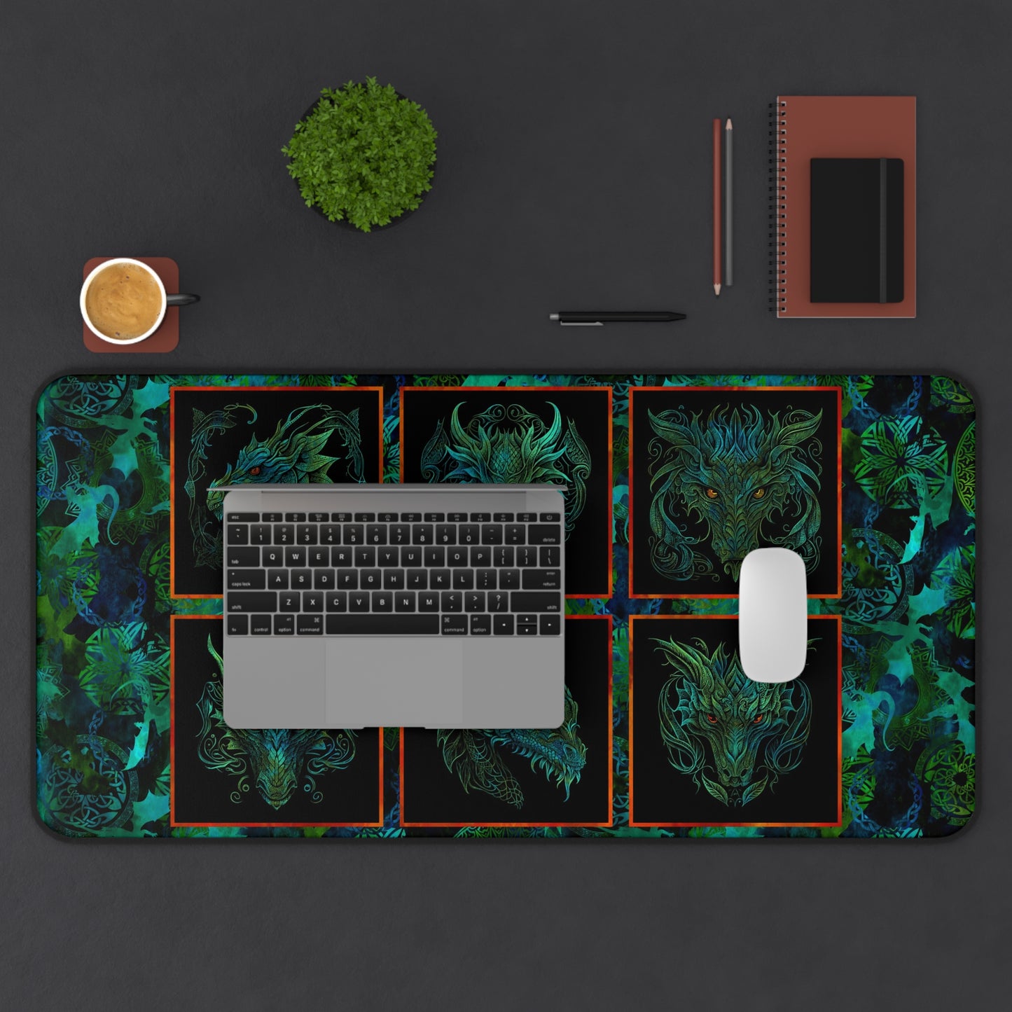 Desk Mat (23x13):  Emerald Dragons [Dragon Heads]