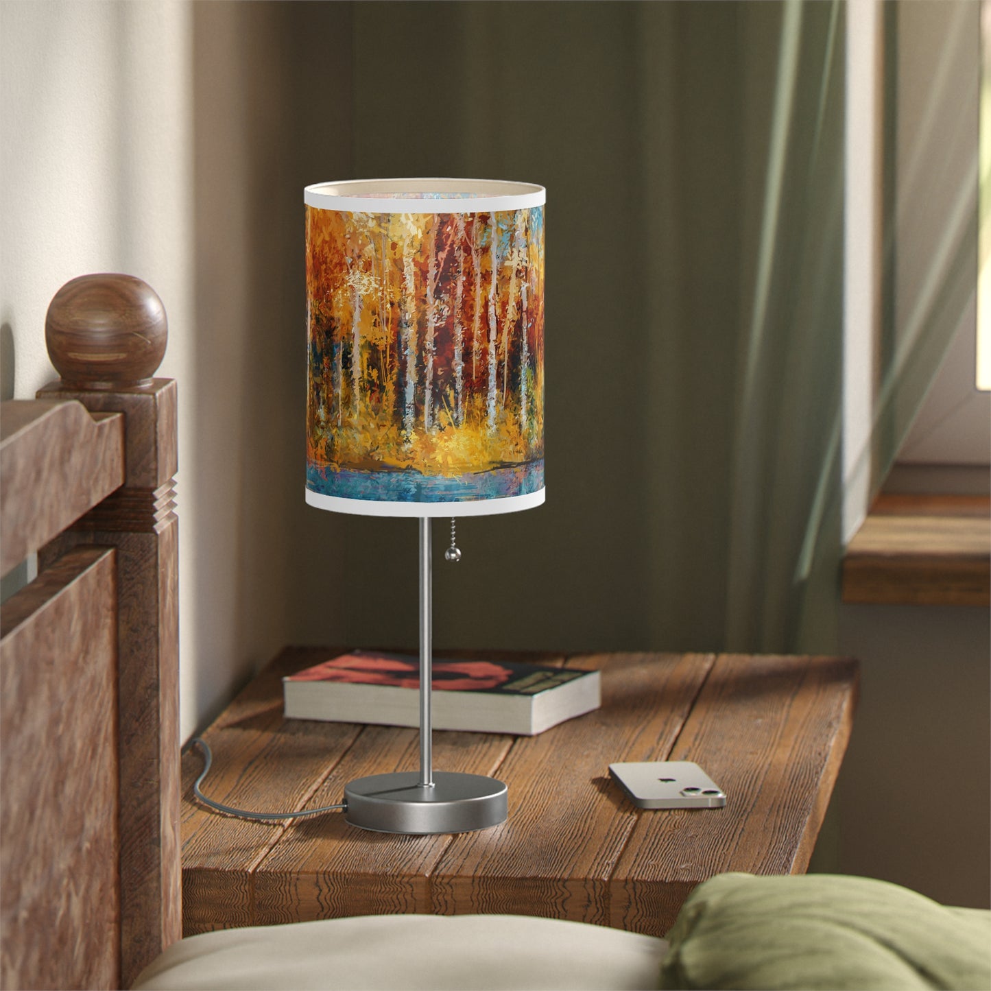 Table Lamp: Silver Base W/Black Trim; The Year of Art-Aspen Trees w/river