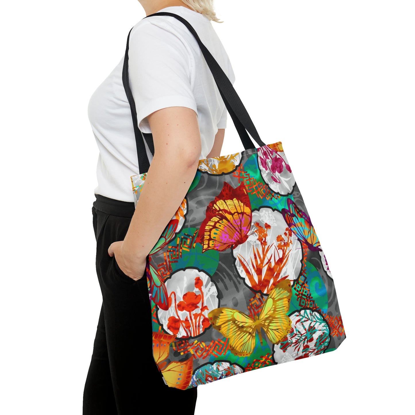 Tote Bag:  Large-18x18; Butterflies w/Lt Green Circles