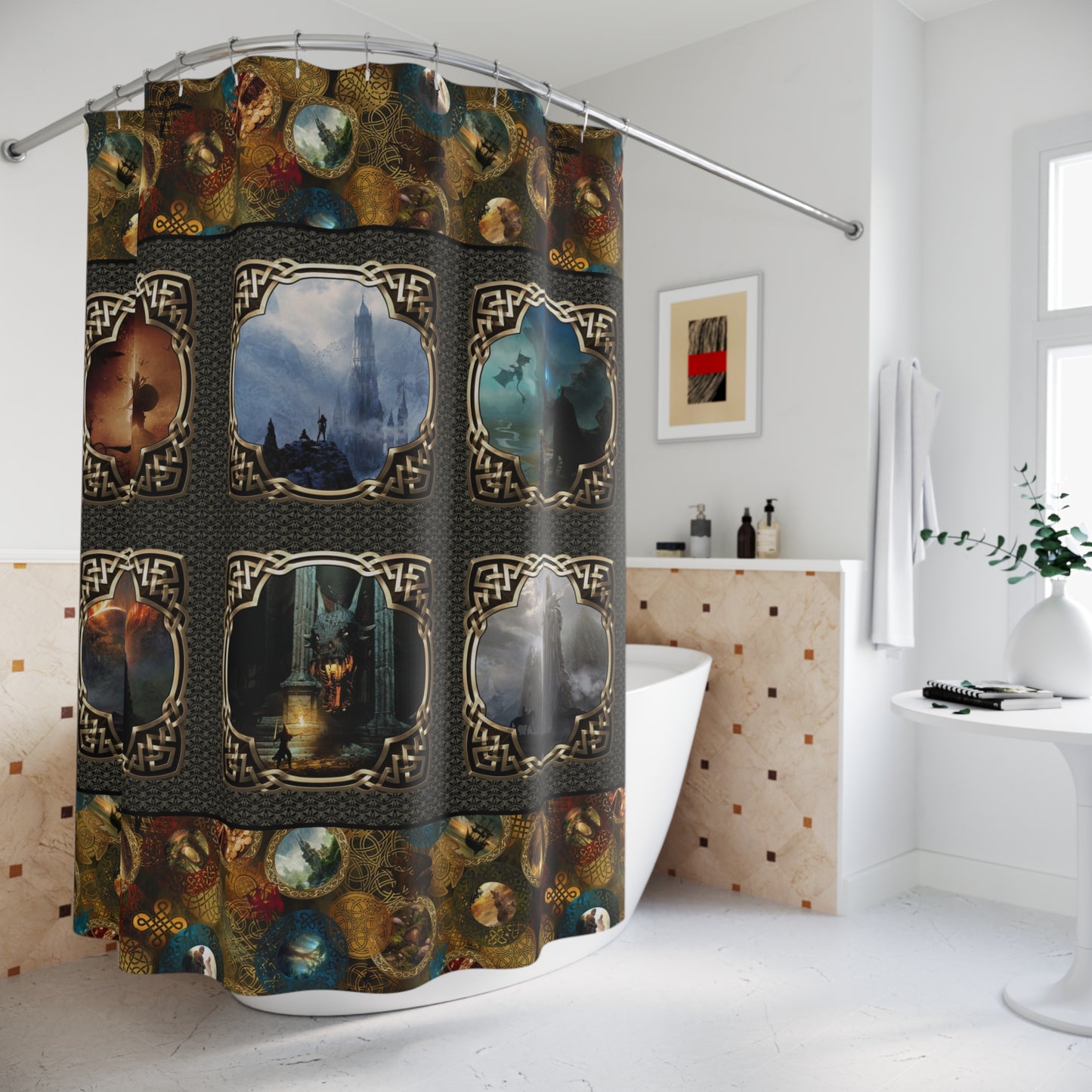 Fantasy Castle Grid Shower Curtain — Gothic Medieval Landscape Bath Decor
