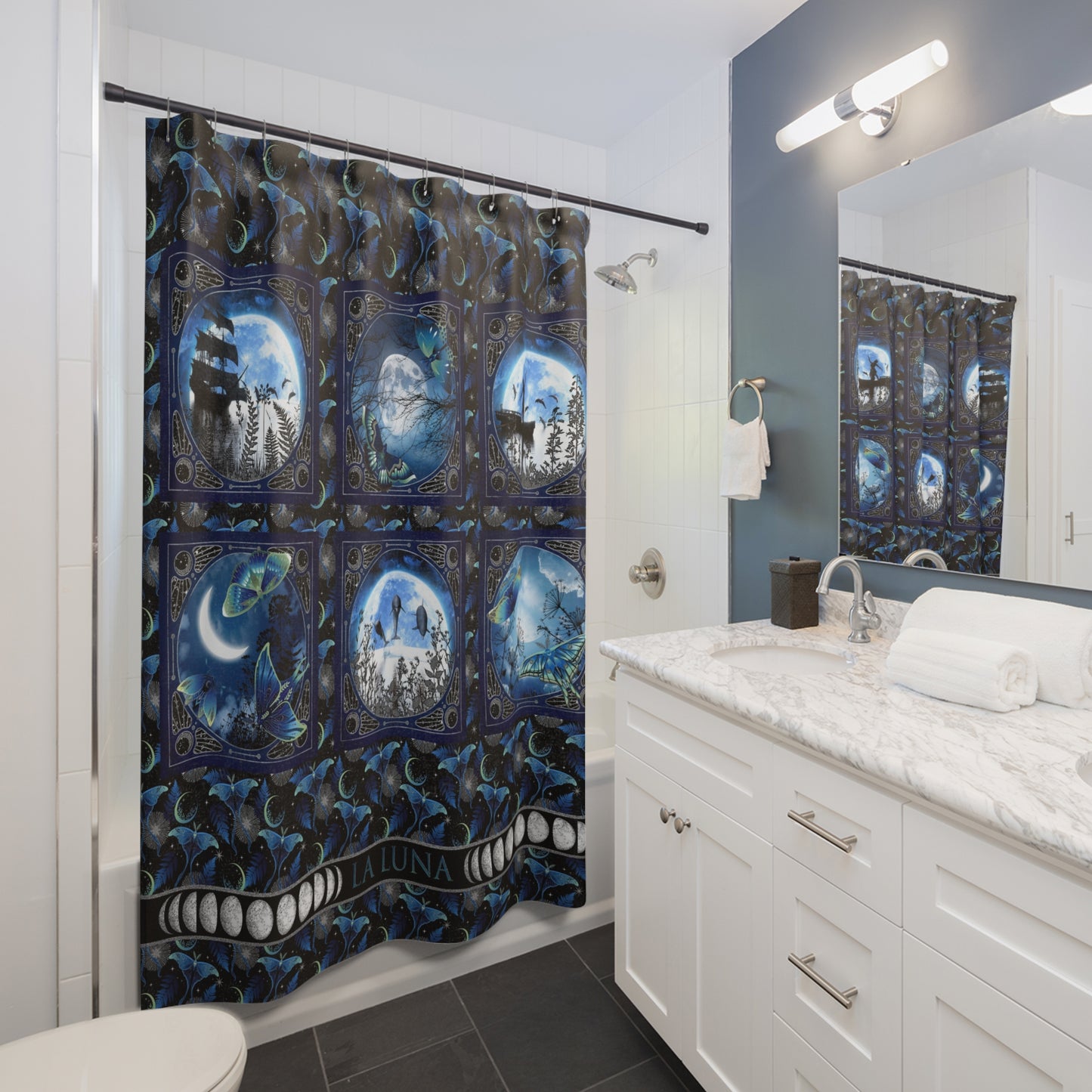 Moon Phases Shower Curtain — Blue Gothic Moonlight Panel Design