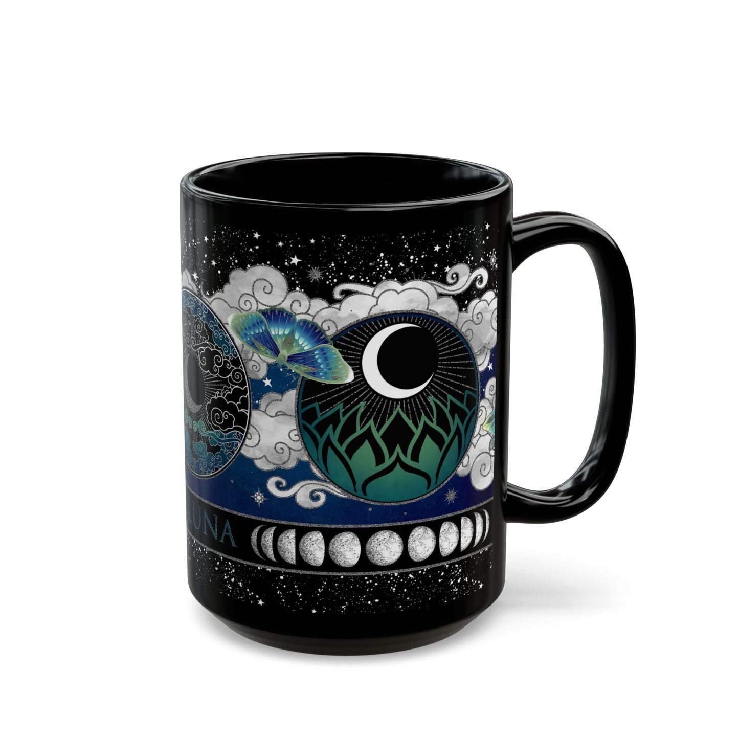Black Mug-15oz:  "LA LUNA 2" Border