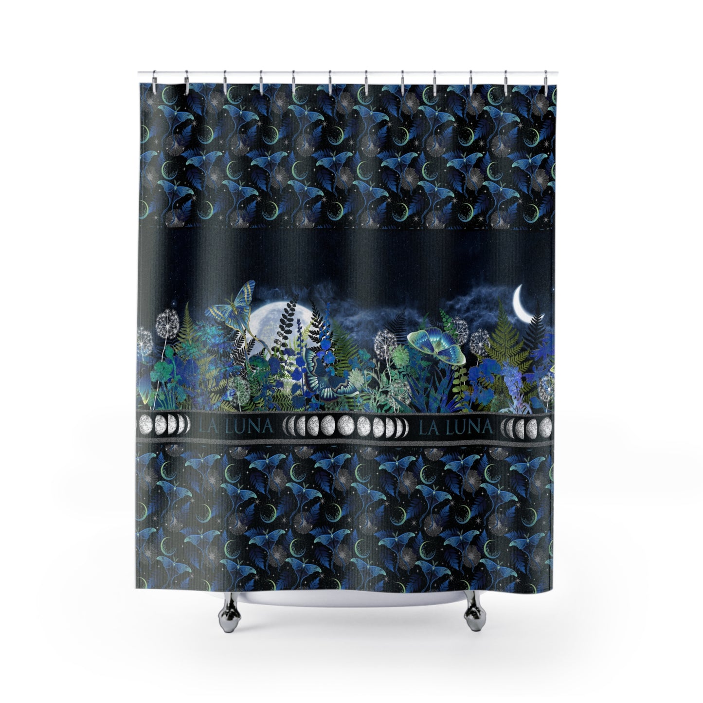 Moon Garden Shower Curtain — Celestial Night Bathroom Decor with Lunar Phases