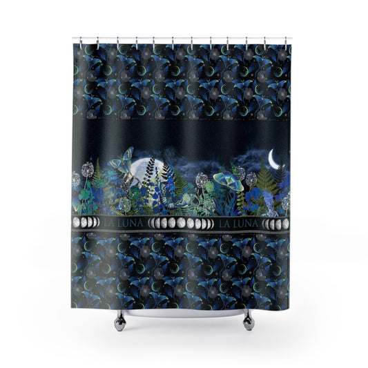 Moon Garden Shower Curtain — Celestial Night Bathroom Decor with Lunar Phases