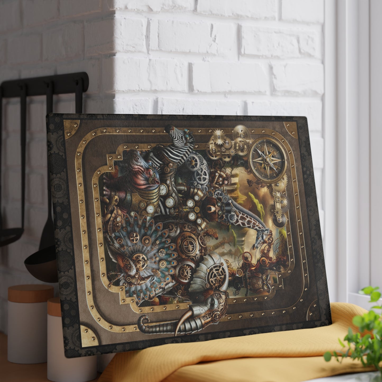 Glass Cutting Board (11"x15"):  Steampunk Animals [Full Panel]