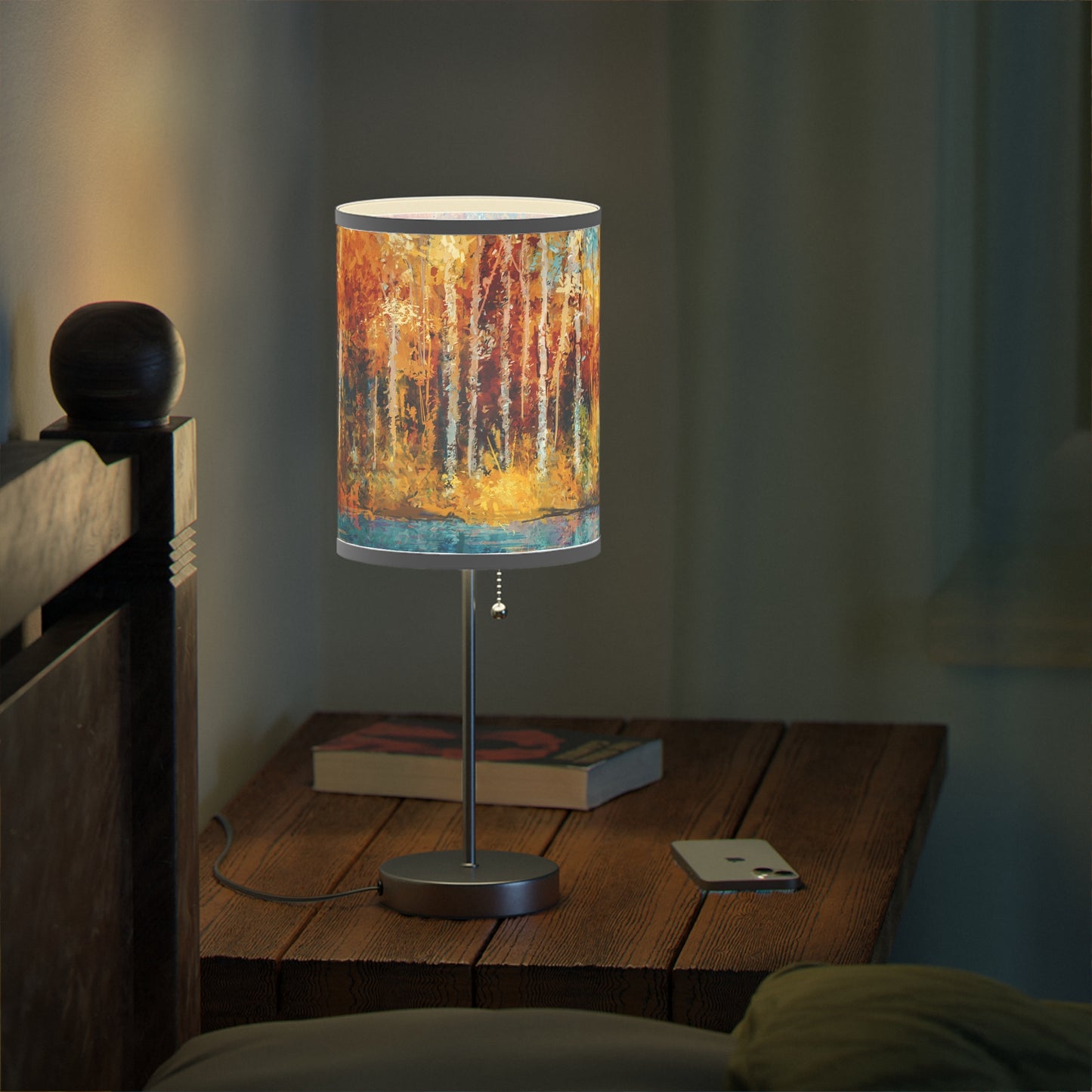 Table Lamp: Silver Base W/Black Trim; The Year of Art-Aspen Trees w/river