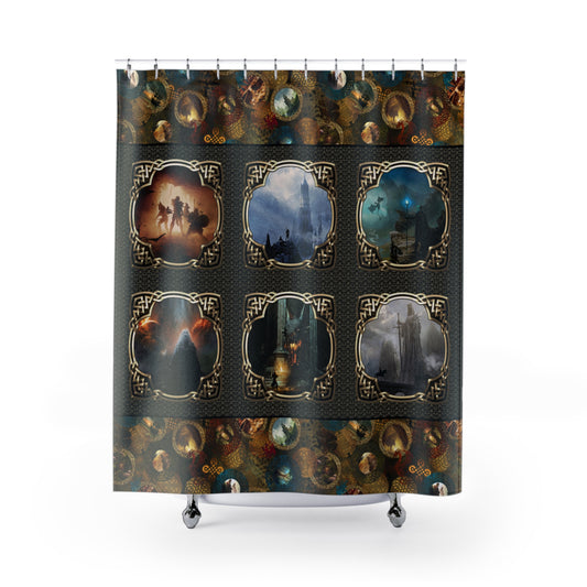 Fantasy Castle Grid Shower Curtain — Gothic Medieval Landscape Bath Decor