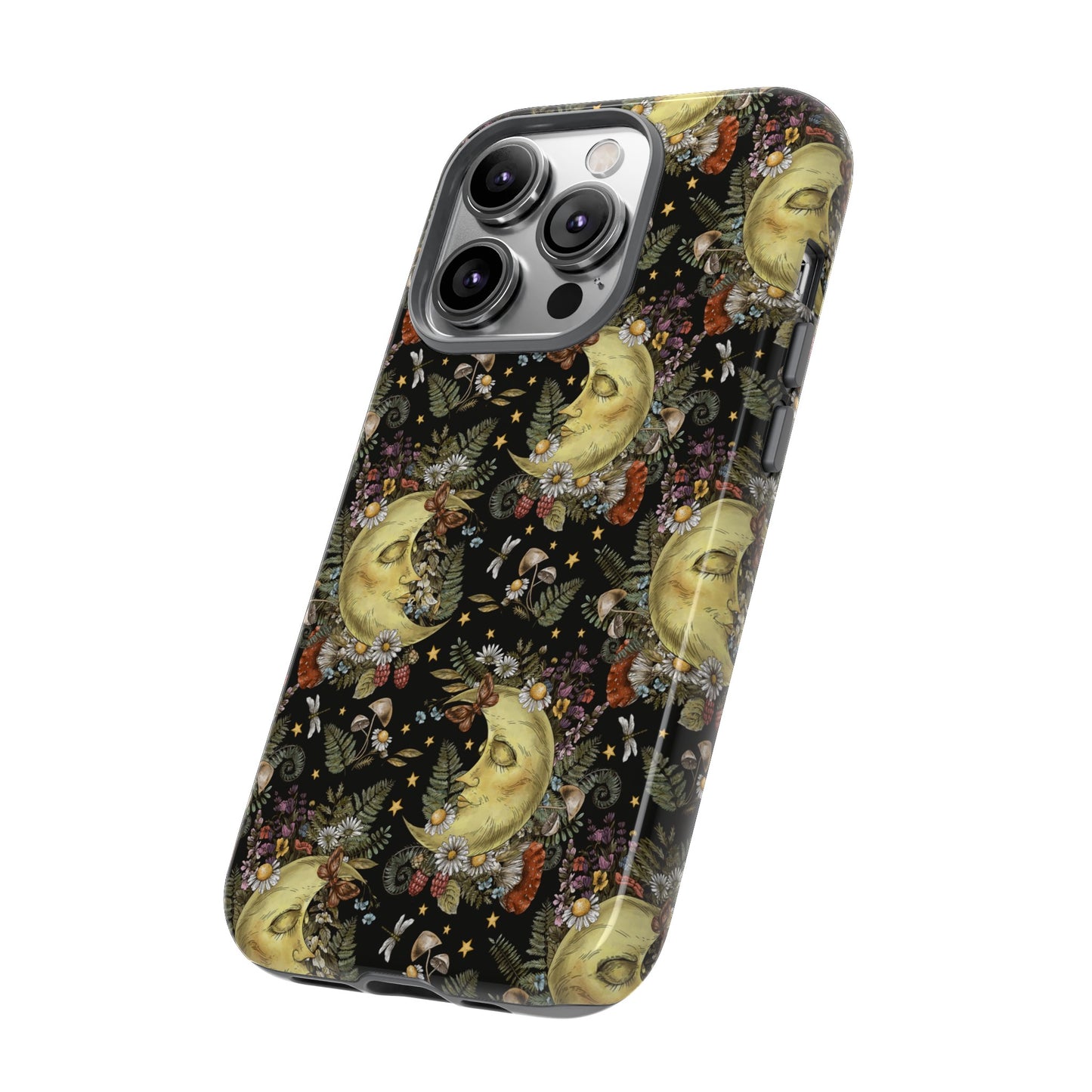 Apple I-Phone 14 Tough Case-Phone Case: The Sun, The Moon, And The Stars [Moon With Flowers]
