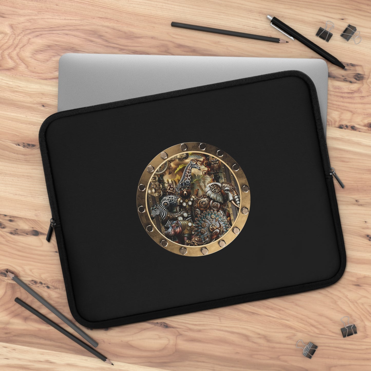 Steampunk Porthole Laptop Sleeve — Vintage Gear & Brass Robot Design