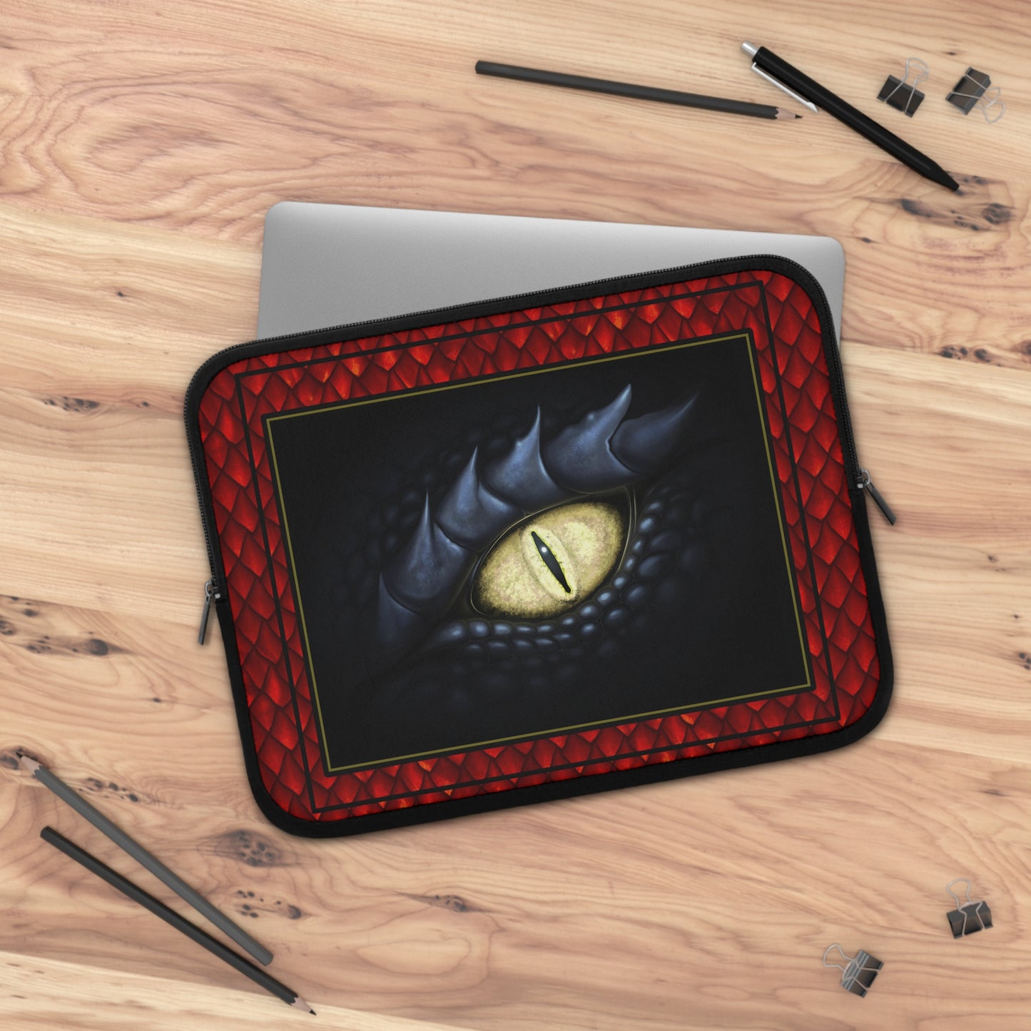Laptop Sleeve  (Sizes:  13", 15", 17") [Dragons:  Green Scales-Black Eye w/Orange] - From In the Beginning Fabrics.