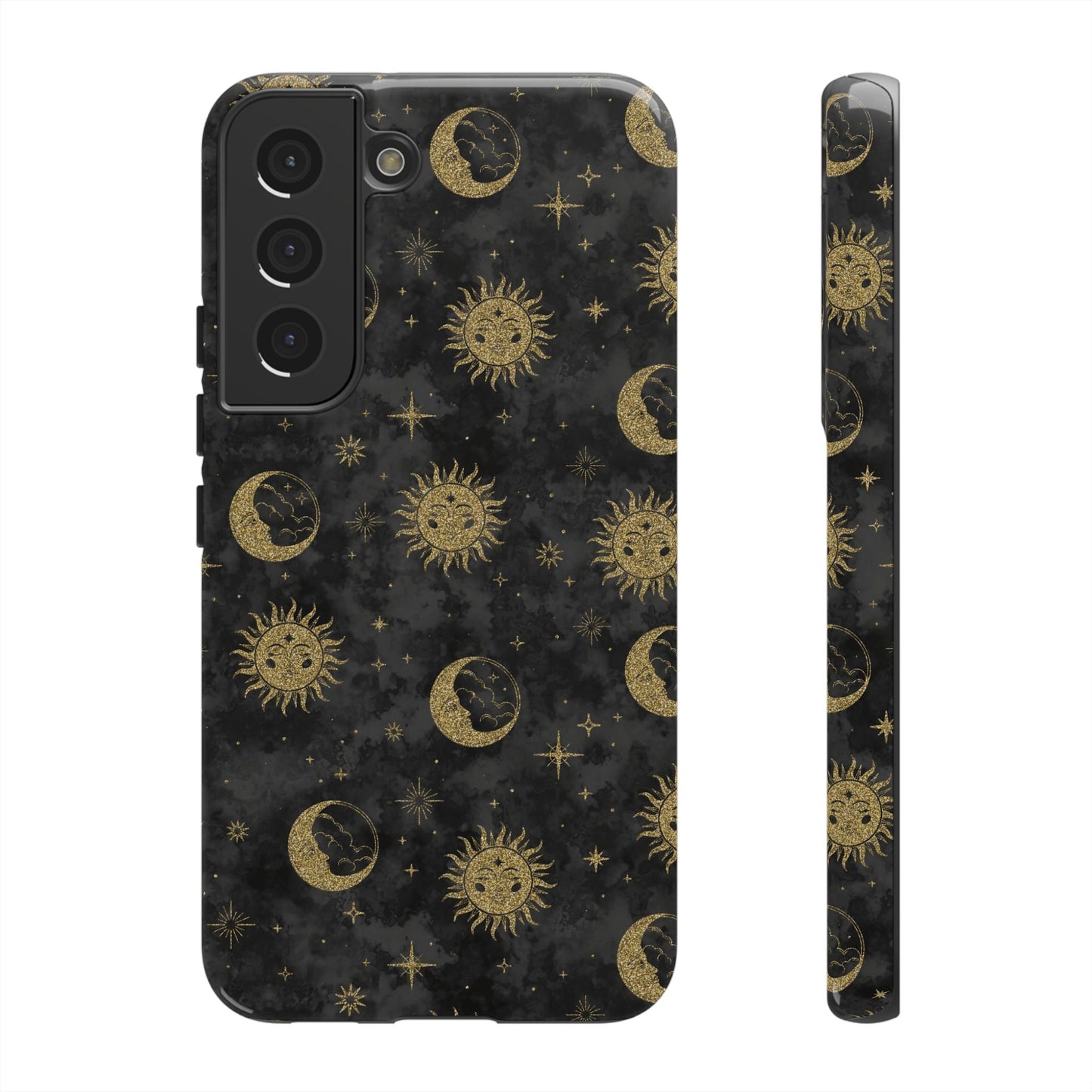 Samsung Galaxy S22 - Tough Case-Phone Case:  Sun, Moon, Stars [Gold Moon, Gold Suns]