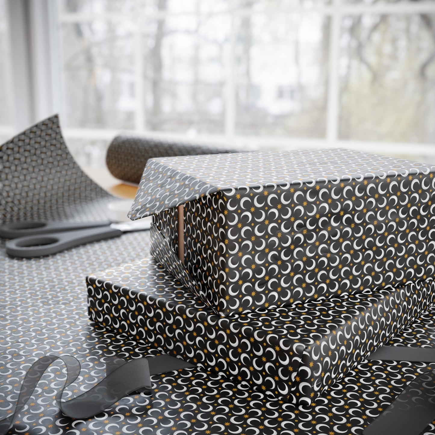 Wrapping Paper:  Celestial [Black White Moon, Gold Stars]