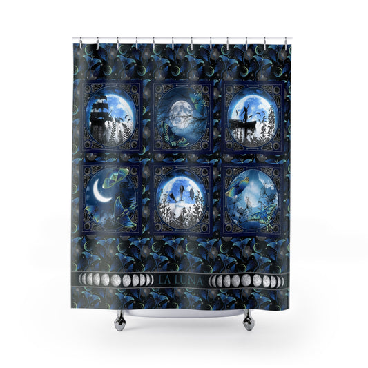 Moon Phases Shower Curtain — Blue Gothic Moonlight Panel Design