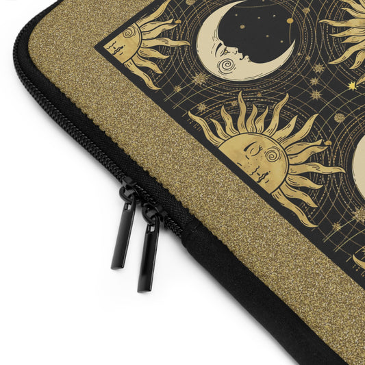Laptop Sleeve  (Sizes:  13", 15", 17") [Sun, Moon, Stars]:  Gold Bkg, Black Sun and Moon.
