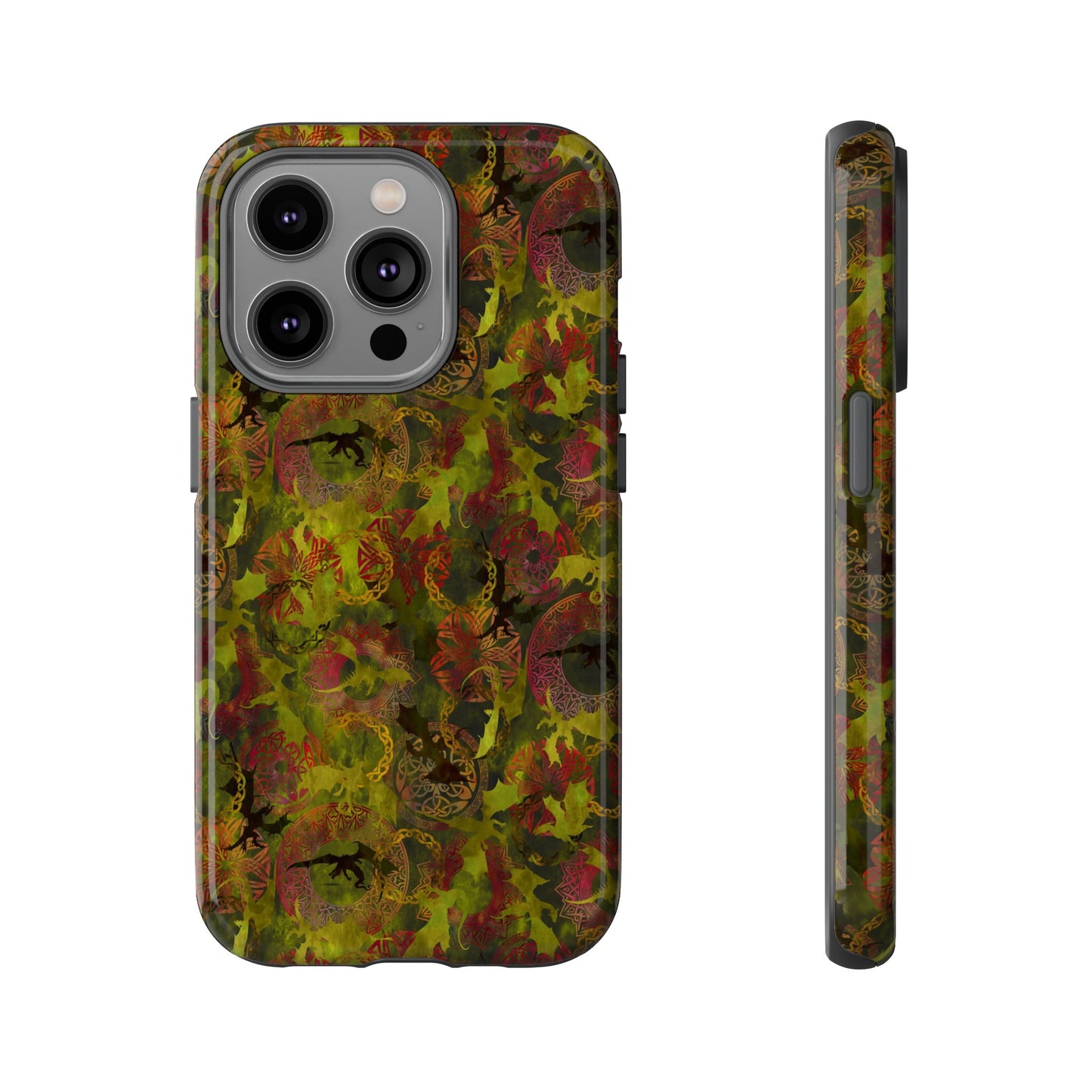 Apple I-Phone 14 (Series) Tough Case-Phone Case: Dragons [Green Panel]