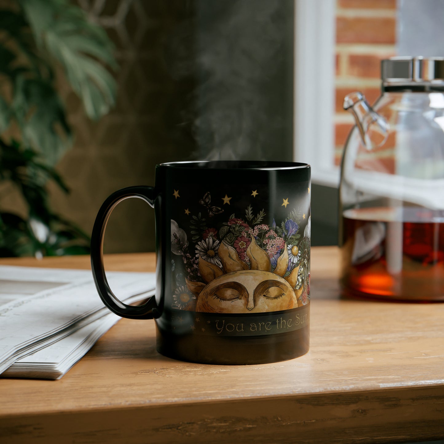 Ceramic Mug:  Black;  "The Sun, The Moon, And the Stars" [Border]