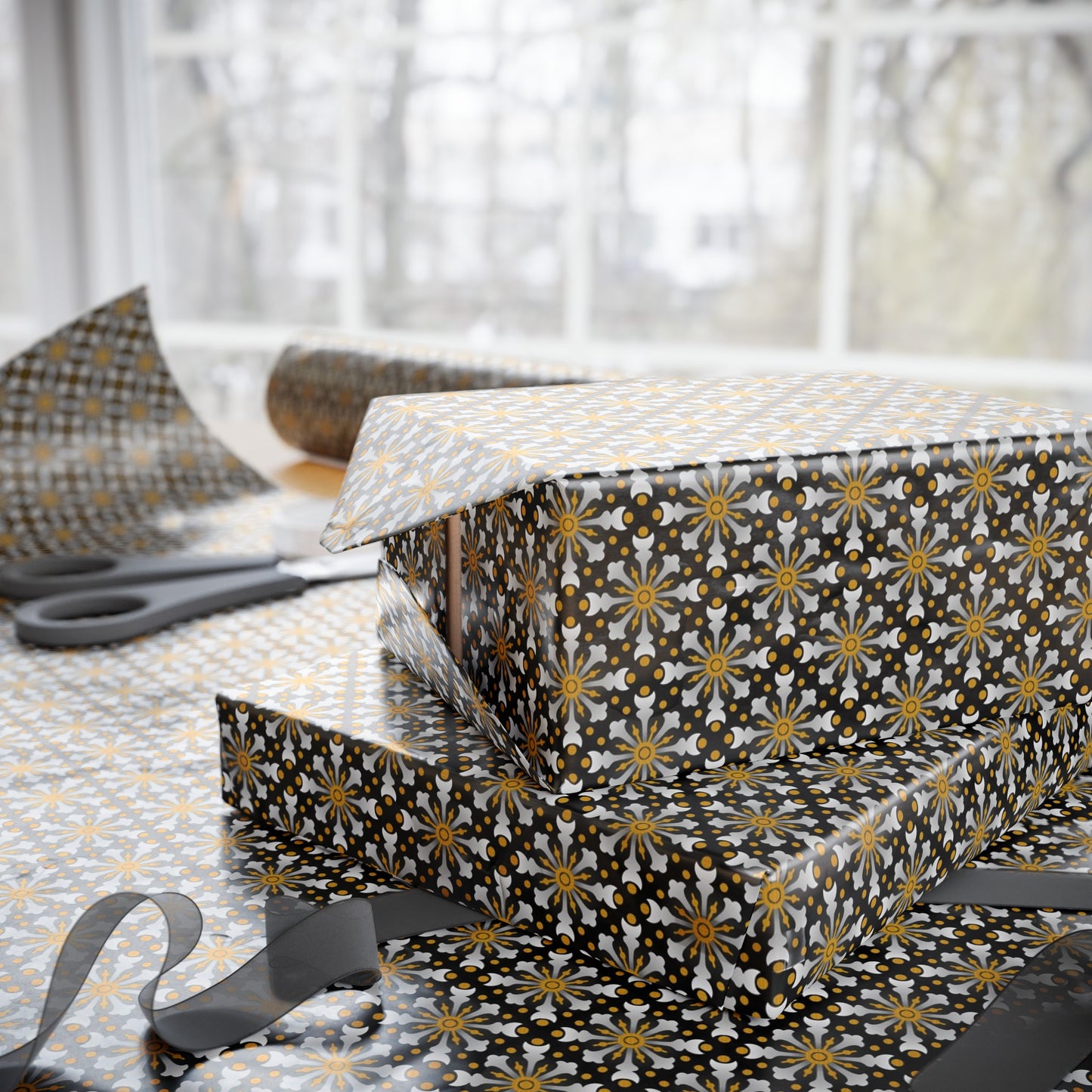 Wrapping Paper:  Celestial [Black/Gold Starbursts]