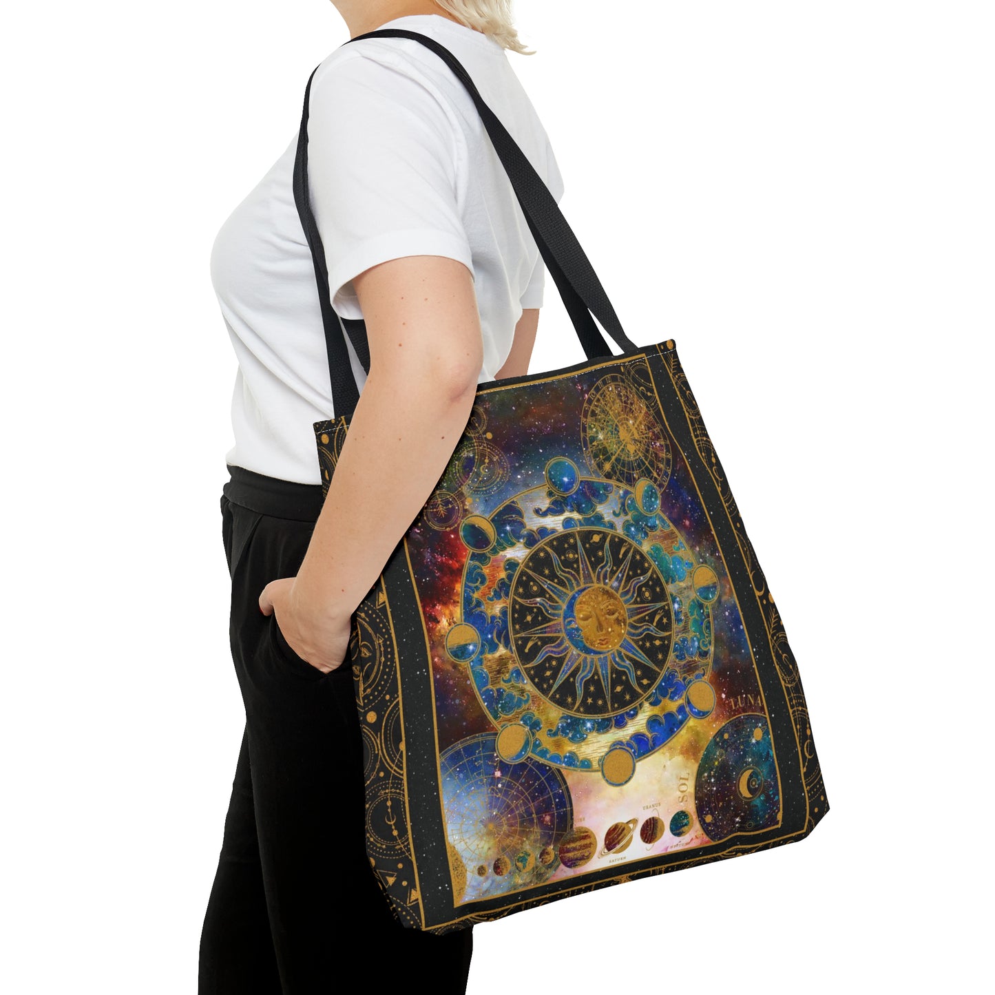 Tote Bag: large-18x18; "Cosmos":  Celestial Panel, Gold Background]