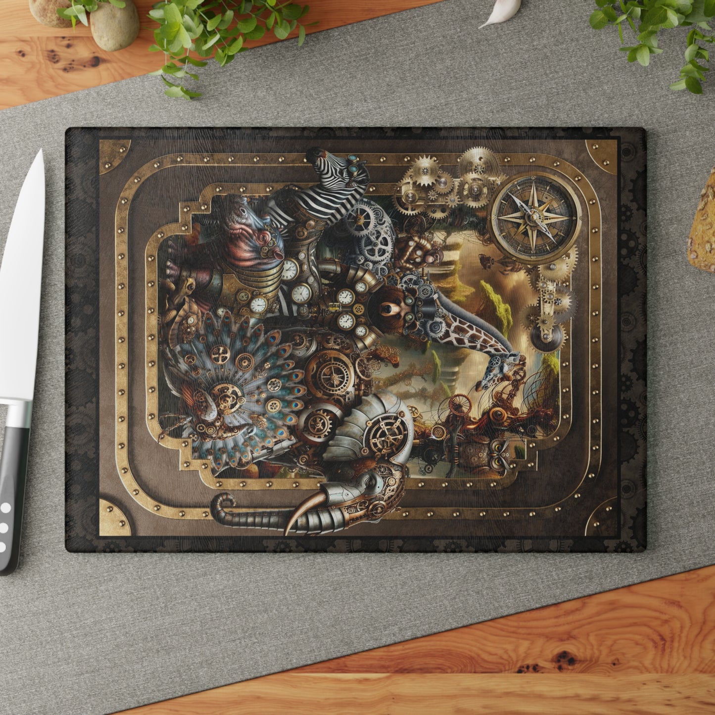 Glass Cutting Board (11"x15"):  Steampunk Animals [Full Panel]