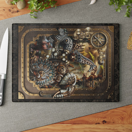 Glass Cutting Board (11"x15"):  Steampunk Animals [Full Panel]