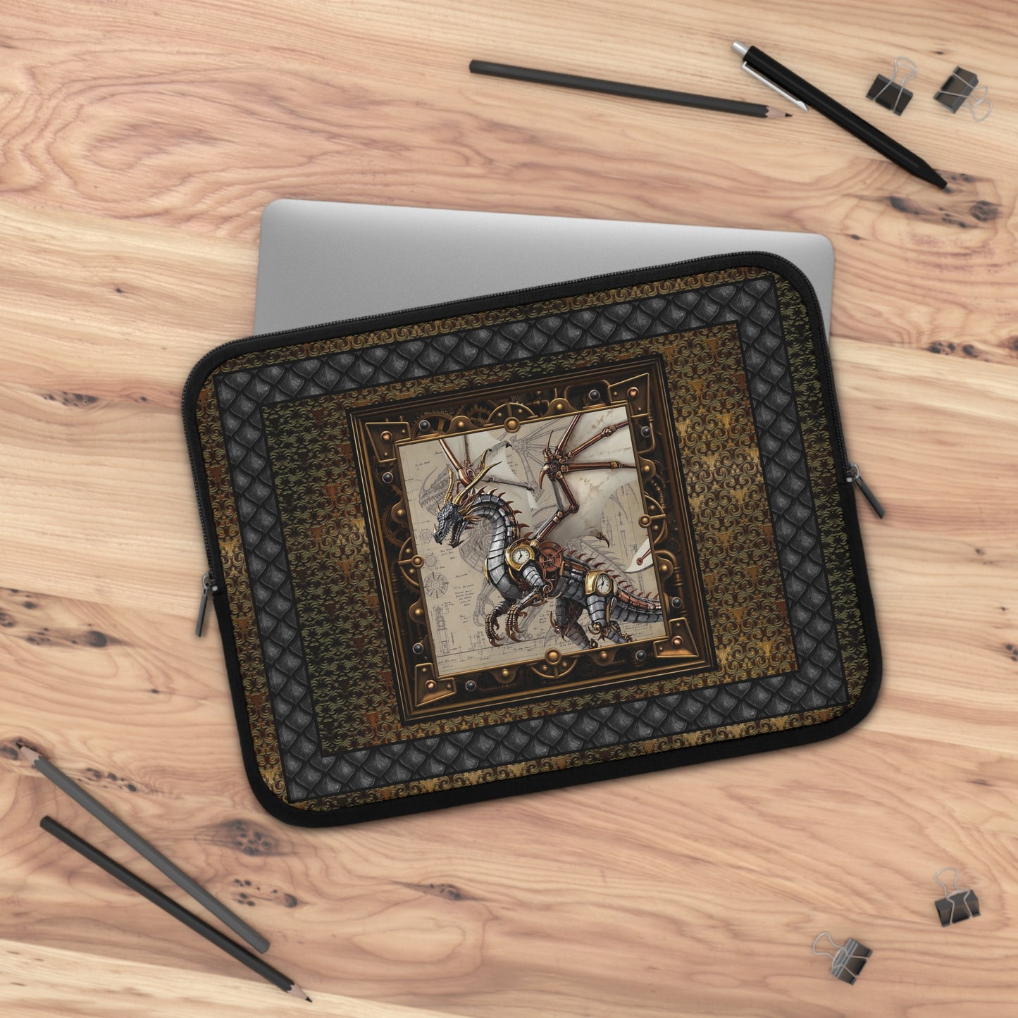 Laptop Sleeve (Sizes:  13", 15", 17"):  Steampunk Dragons [Dragon Clock Wings]