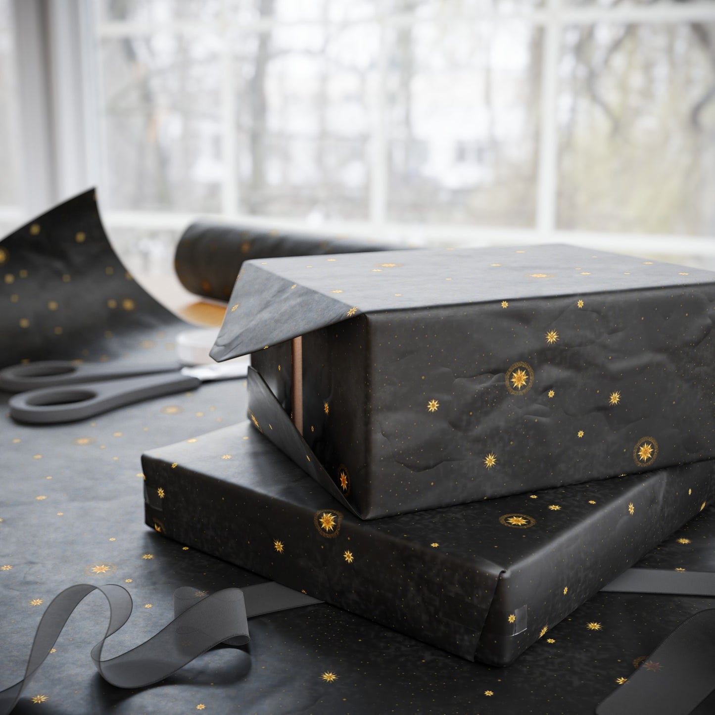 Wrapping Paper:  Celestial [Black Space-Gold Stars]