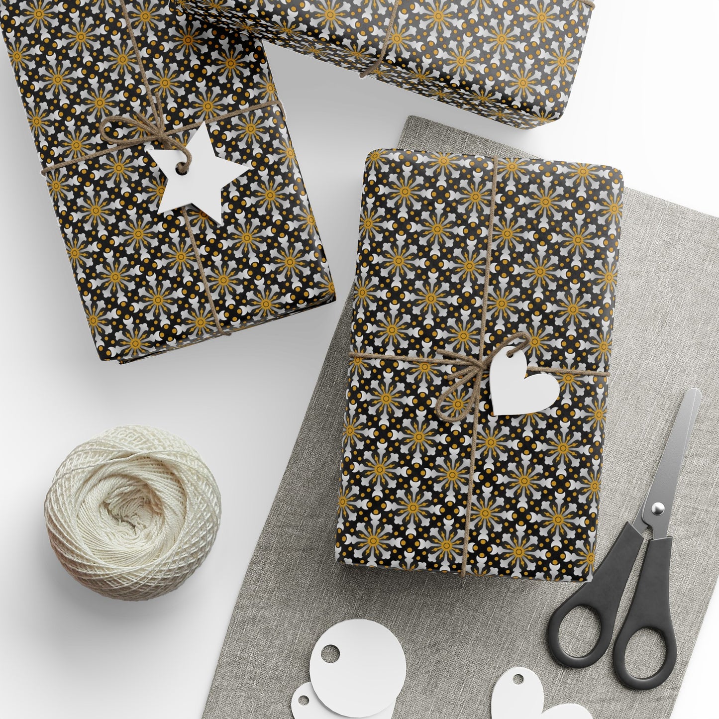 Wrapping Paper:  Celestial [Black/Gold Starbursts]