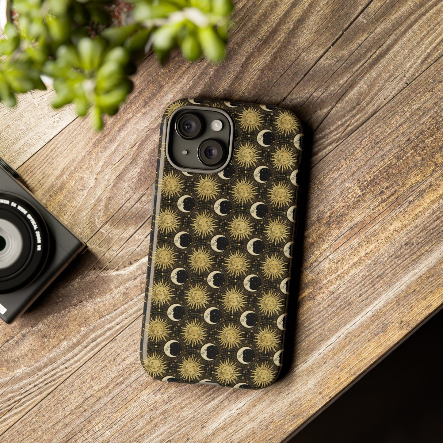 Apple I-Phone 15 (Series) Tough Case-Phone Case:  The Sun, The Moon, And The Stars [Gold Suns, Smiling Moons]