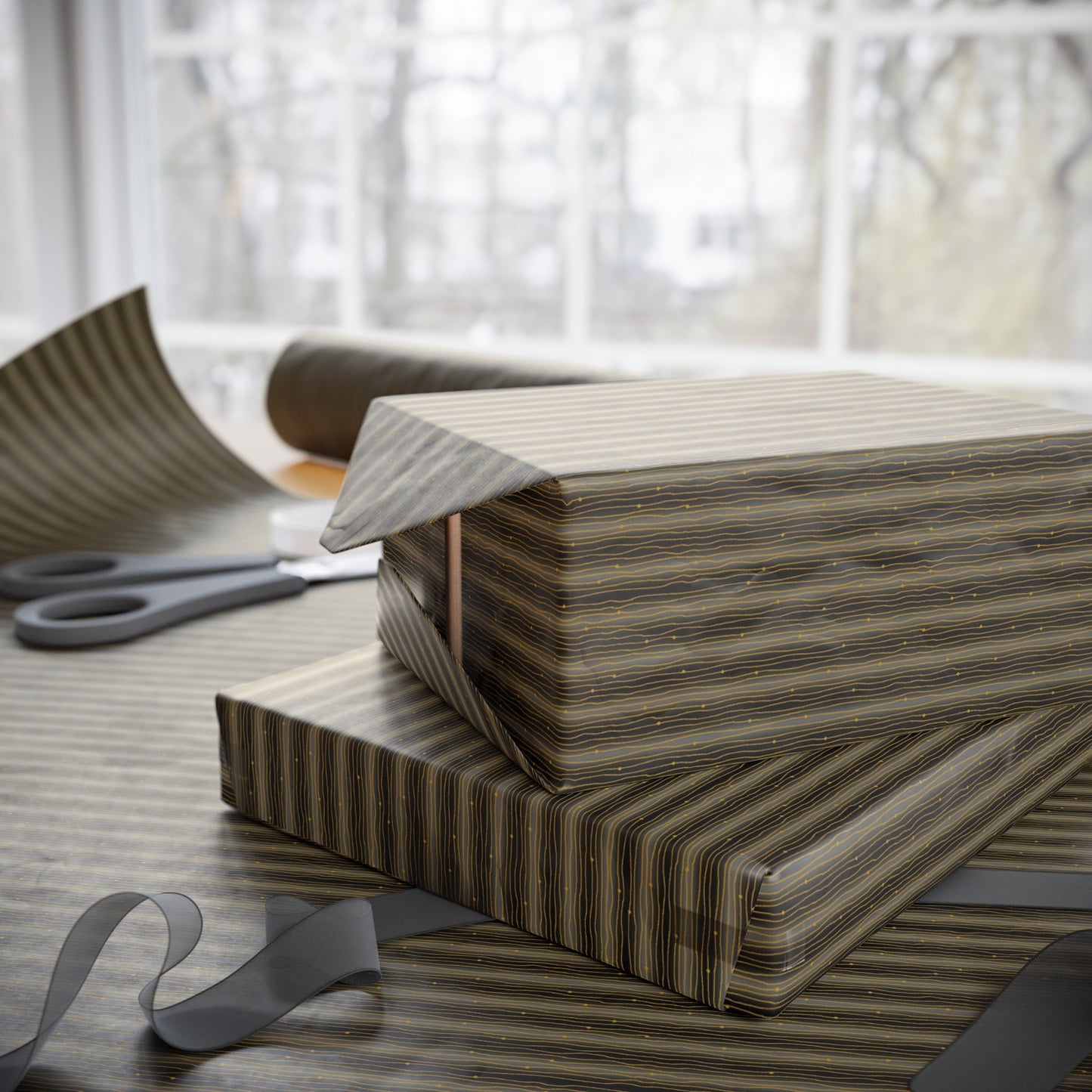 Wrapping Paper:  Celestial [Black-Gold Speck Stripes]