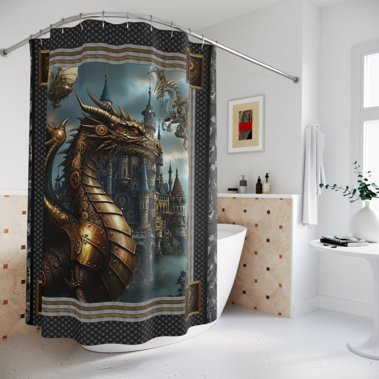 Shower Curtain (71" × 74"):   Steampunk Dragons