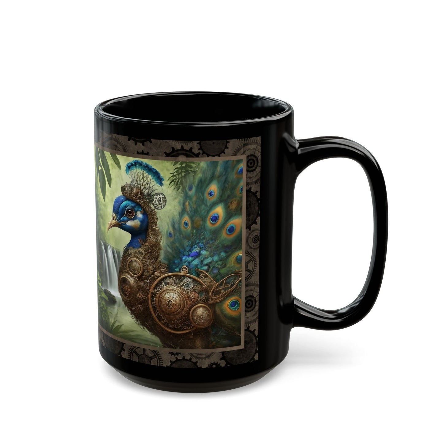 Black Mug-15oz:  "Steampunk Peacock " Panel