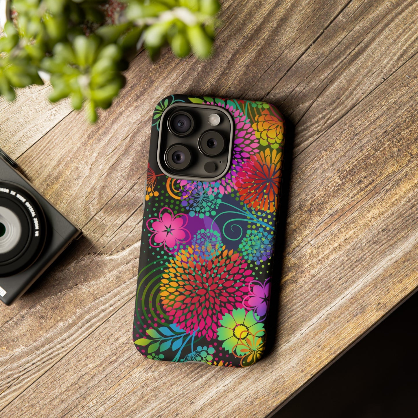 Apple I-Phone 15 Tough Case-Phone Case:  Unusual Garden [Bright Flowers Border]