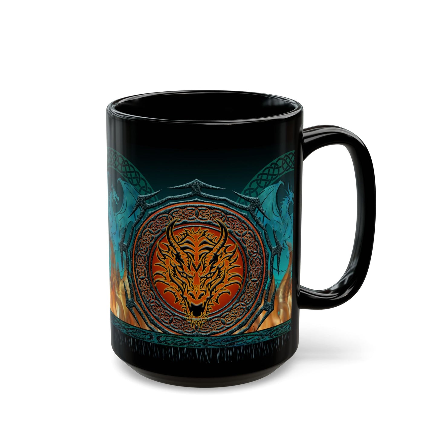 Black Mug-15oz:  "Emerald Dragons" Border