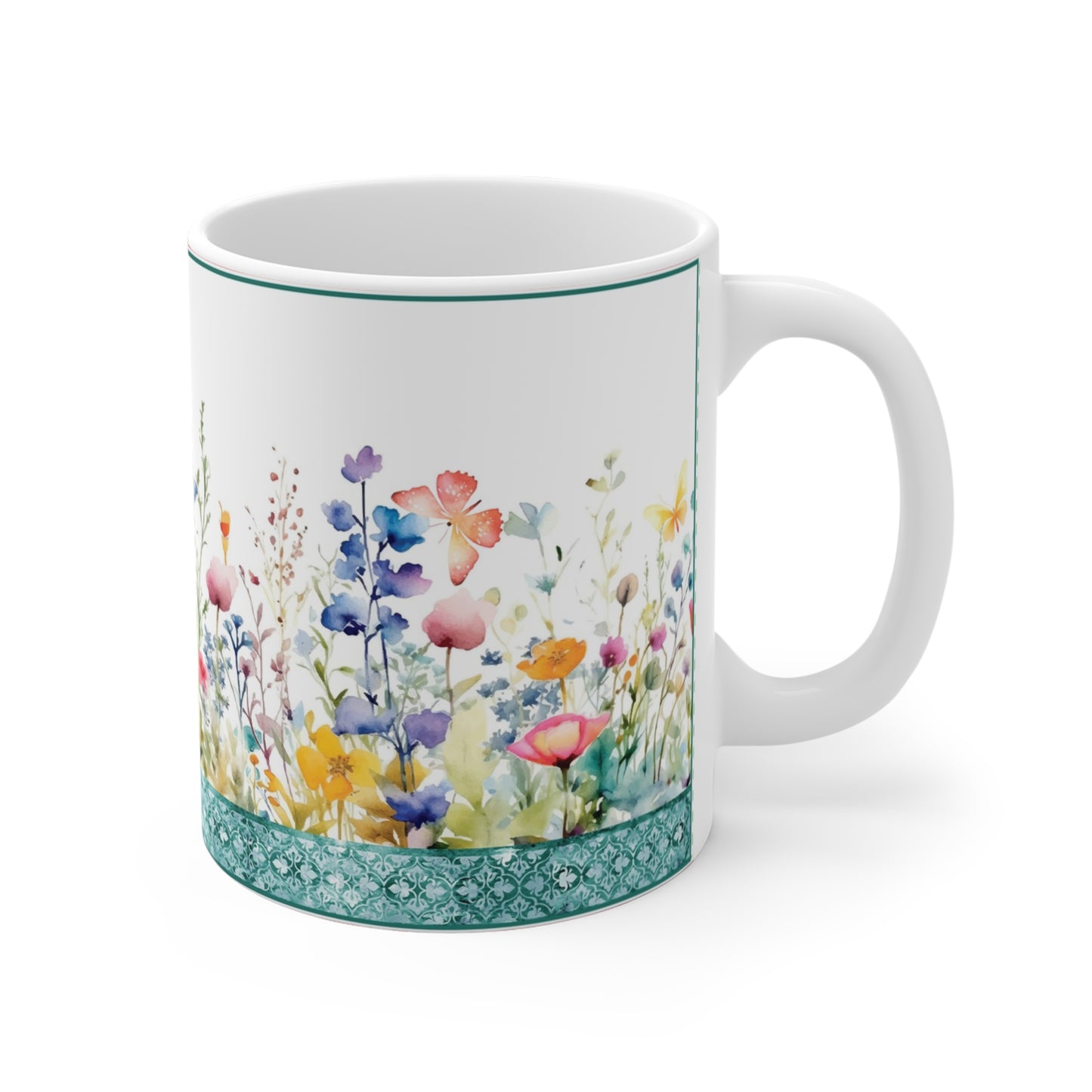 Ceramic Mug: White; Butterfly Fantasy [Flower Border]