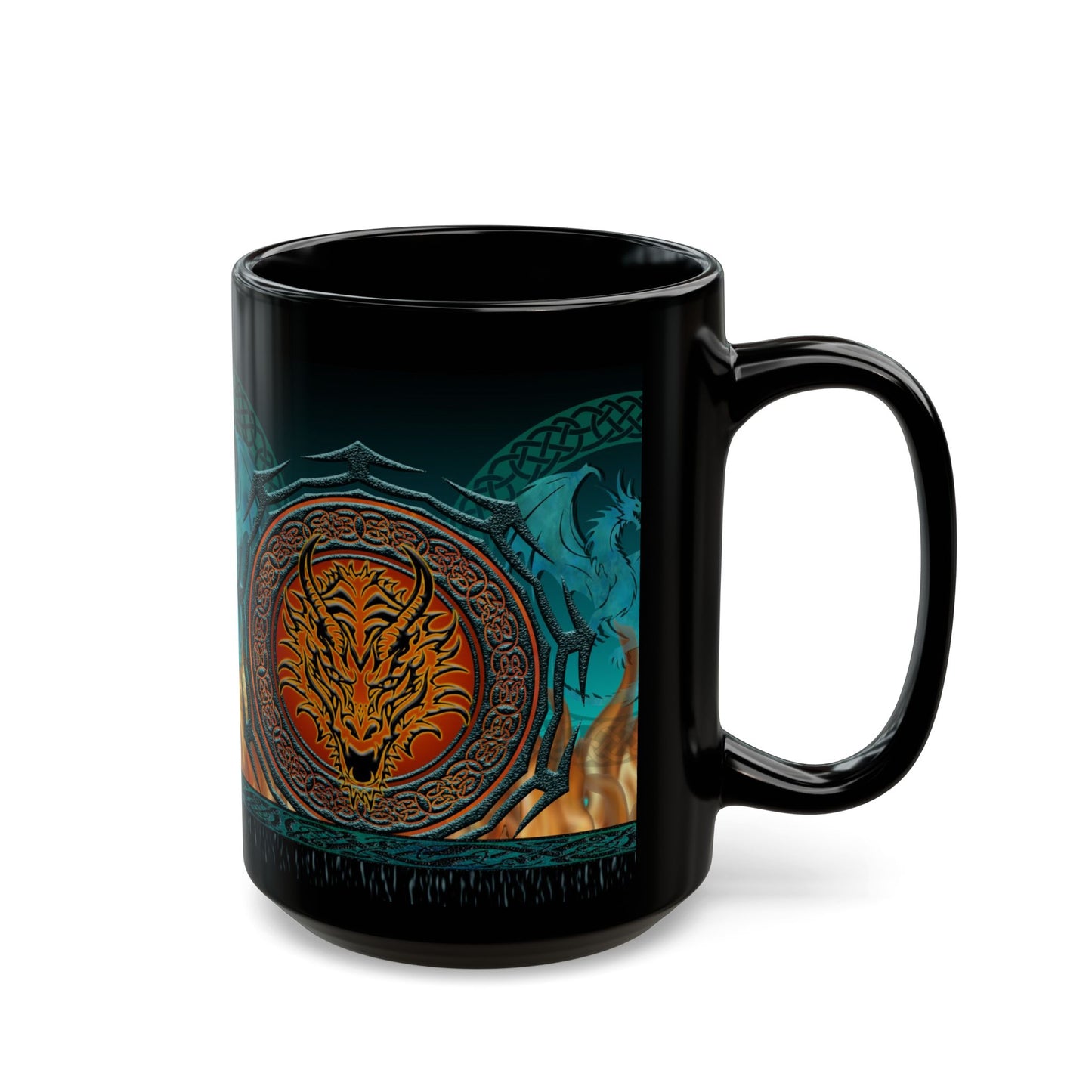 Black Mug-15oz:  "Emerald Dragons" Border