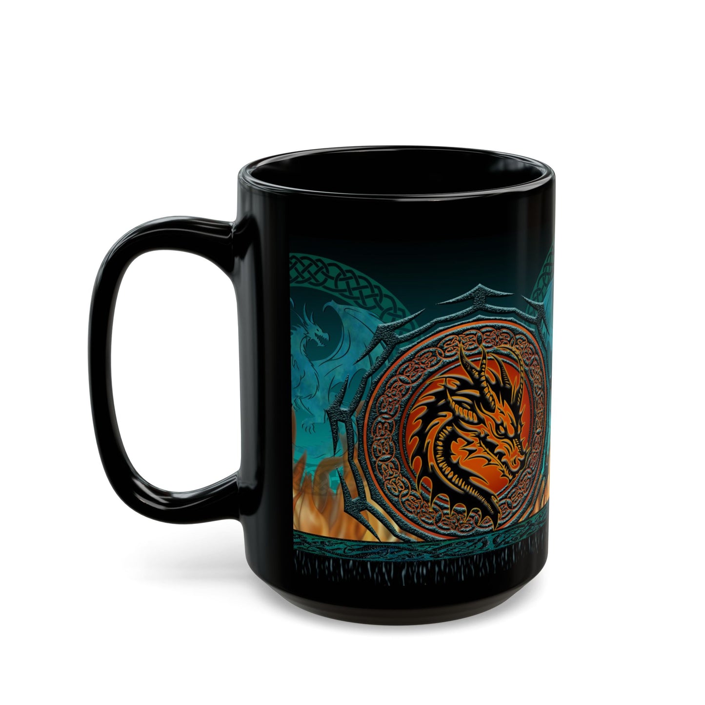 Black Mug-15oz:  "Emerald Dragons" Border